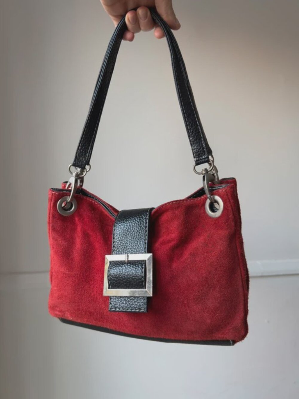 Red Faux Suede Shoulder Bag withSilver Buckle | Soft Slouch Handbag